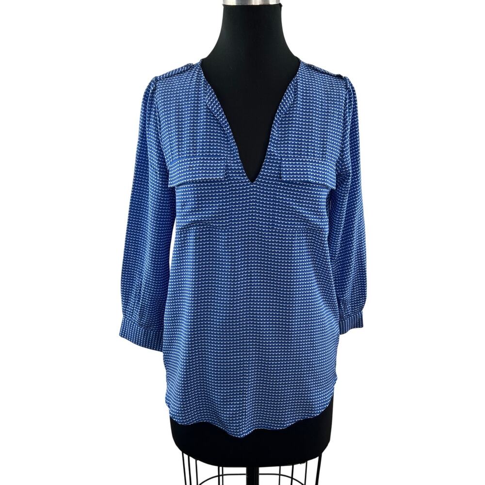 JOIE Marlo Silk Blouse Long Sleeve Blue White Heart Print Top Pockets Size XS